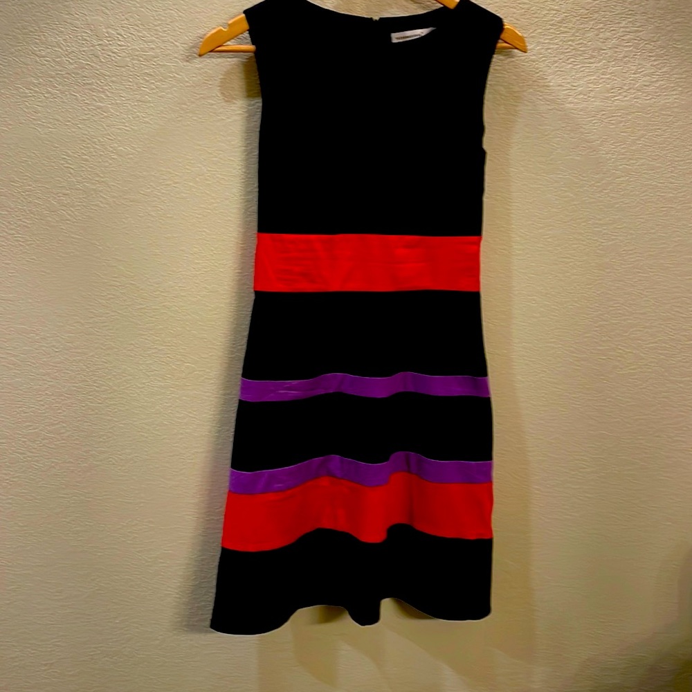Navy sleeveless dress. Purple and punk stripes. Form flattering.